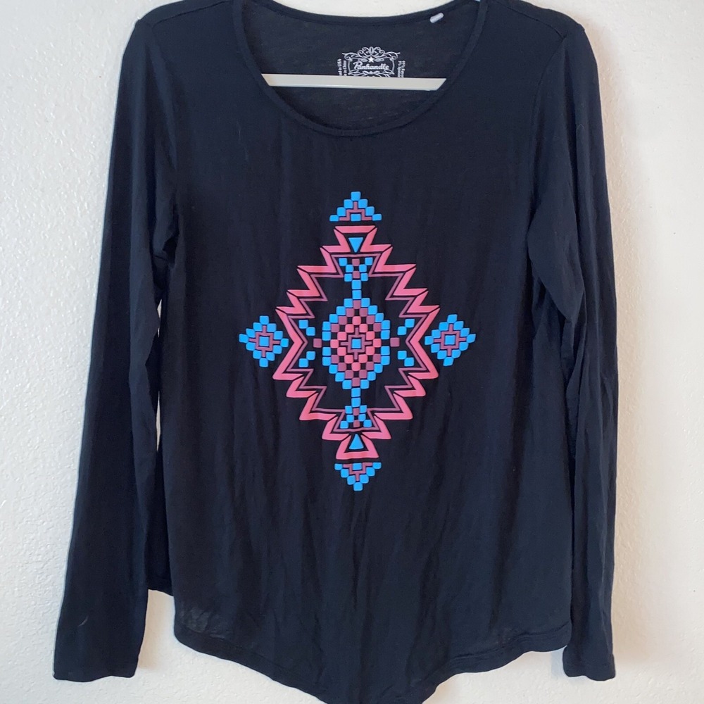 Panhandle Top Aztec Puff Print Long Sleeve Medium Black Stretch Western Rodeo